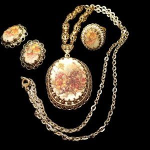 West German Transferware Floral Set Necklace Ring Earrings